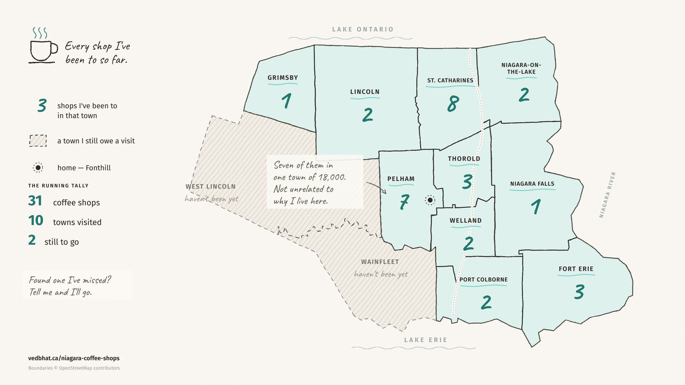Map of the Niagara Region shaded by how many coffee shops from this list are in each town — Wainfleet and West Lincoln not visited yet.